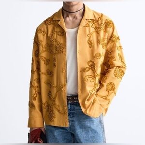 Zara Men's Ochre/Yellow Raised Embroidery Shirt Size Large